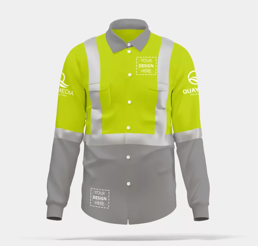 Hi-vis work shirt with grey and fluorescent yellow panels, reflective strips, and marked areas for printed branding.