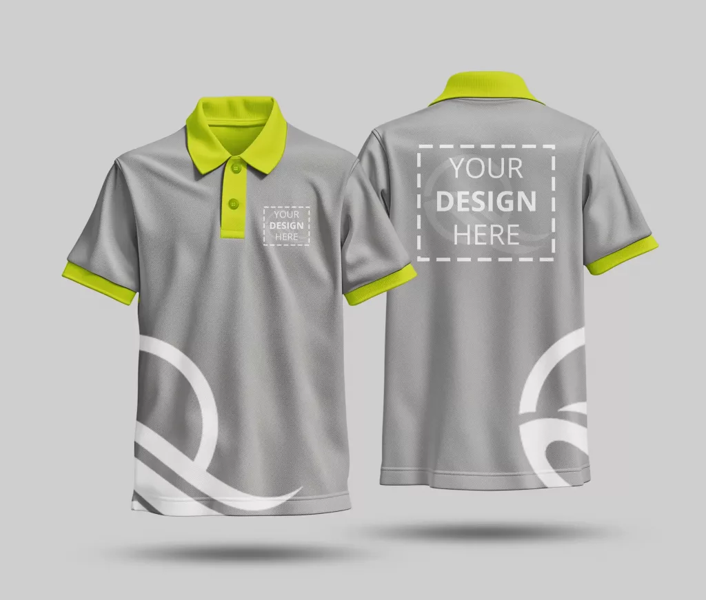 Grey and lime green polo shirt shown from the front and back, featuring placeholders for adding a custom logo or design.